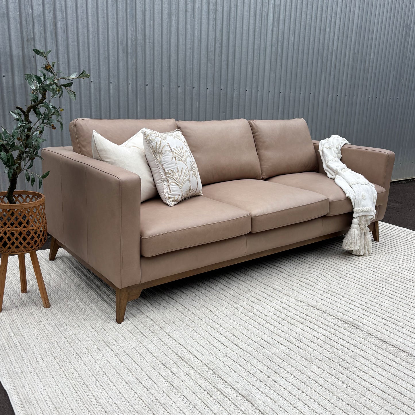 Brand New Fillmore Taupe Leather 3 Seater Lounge