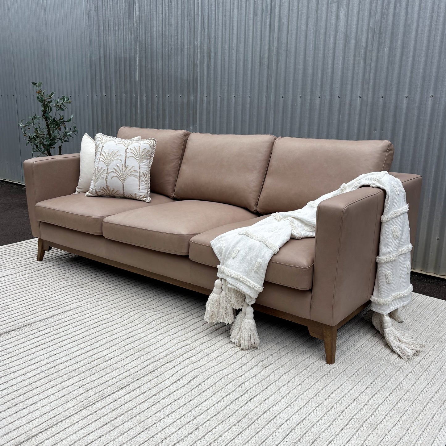 Brand New Fillmore Taupe Leather 3 Seater Lounge