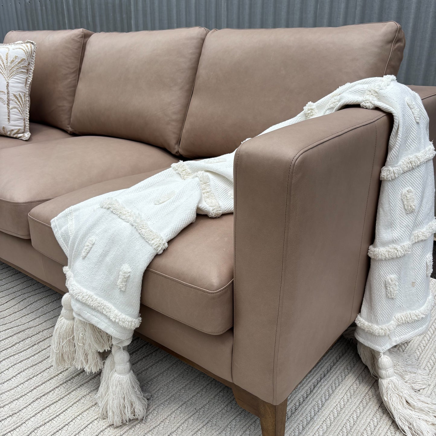 Brand New Fillmore Taupe Leather 3 Seater Lounge